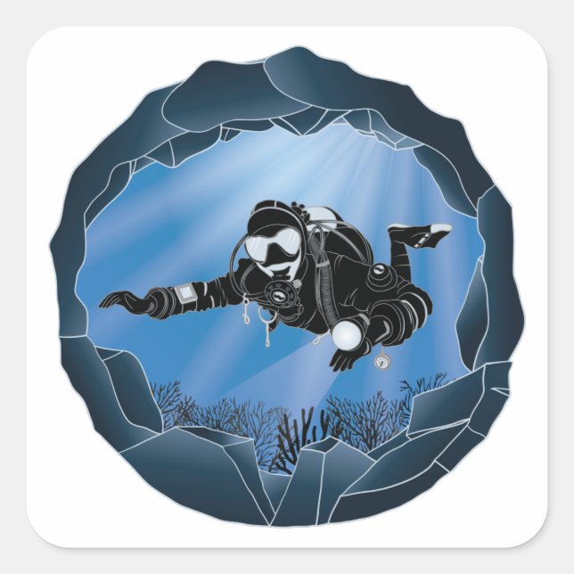Cave Diving Art - Underwater Scuba Diver Square Sticker (Front)