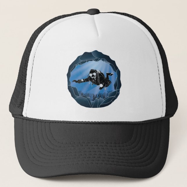 Cave Diving Art - Underwater Scuba Diver Trucker Hat (Front)