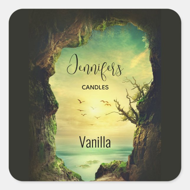 Cave overlooking a Tropical Sea Candle Business Square Sticker (Front)