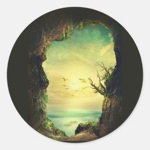 Cave overlooking a Tropical Sea Scenic Photo Classic Round Sticker