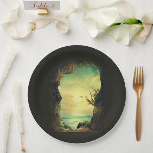 Cave overlooking a Tropical Sea Scenic Photo Paper Plate