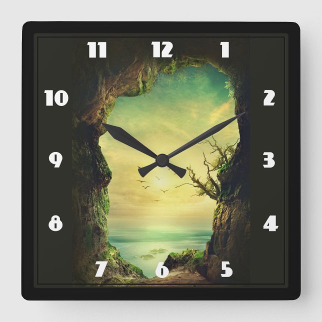 Cave overlooking a Tropical Sea Scenic Photo Square Wall Clock (Front)