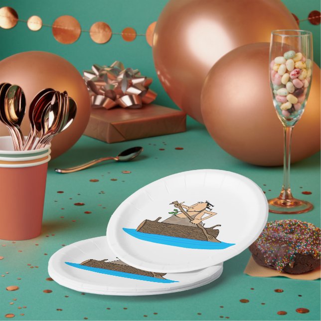 Caveman Canoe Rafting Primitive Man Paper Plate (Multi)