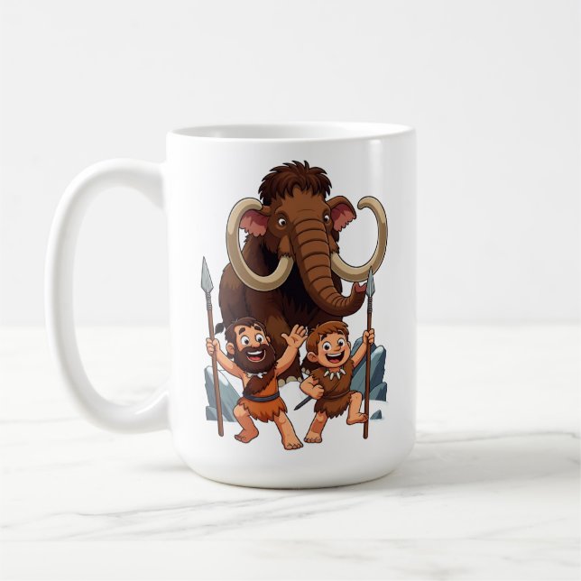 Caveman Dad and Son Mammoth Hunt Coffee Mug (Left)