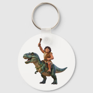 Caveman Riding Dinosaur Cartoon Image Key Ring