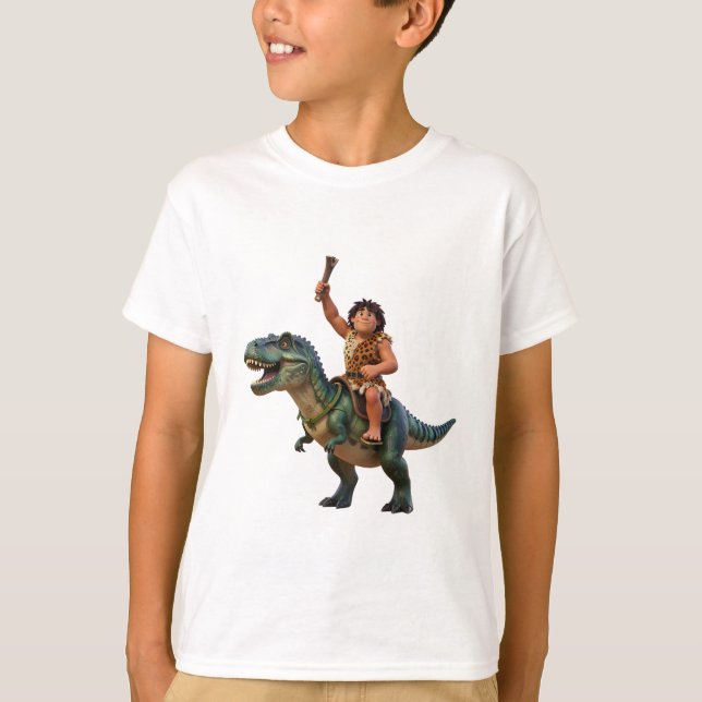 Caveman Riding Dinosaur Cartoon Image T-Shirt (Front)