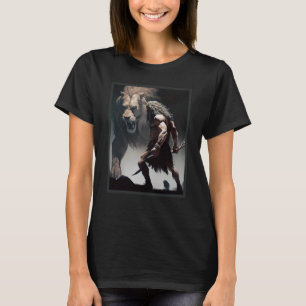 Caveman Warrior with Friendly Lion chasing the sam T-Shirt