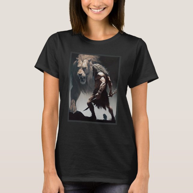 Caveman Warrior with Friendly Lion chasing the sam T-Shirt (Front)