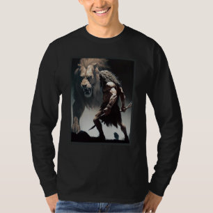 Caveman Warrior with Friendly Lion chasing the sam T-Shirt