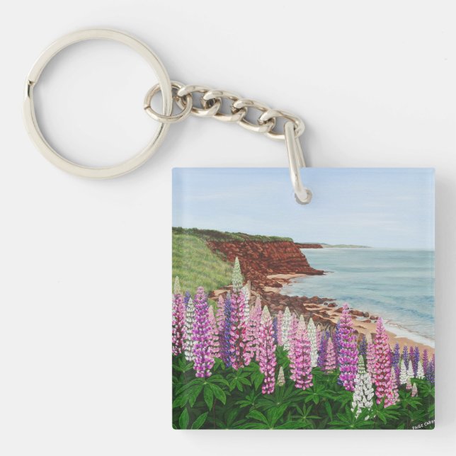 Cavendish Cliffs and Spring Lupins, PEI Key Ring (Front)