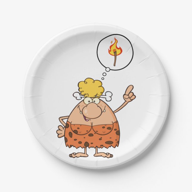 Cavewoman Thinking of Fire Stick Paper Plate (Front)
