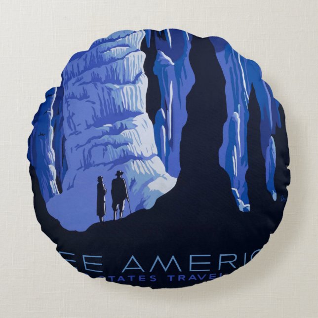 Caving Travel Cavern Vintage Travel Poster Round Cushion (Front)