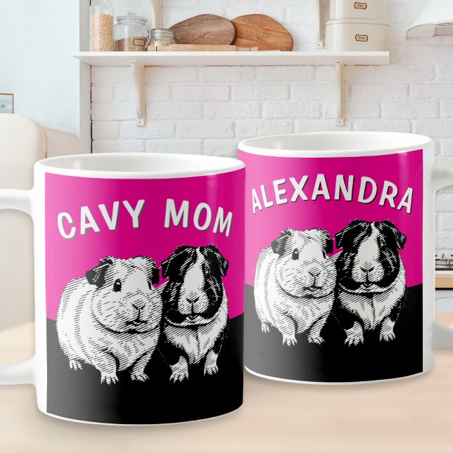 Cavy Mum Personalised Guinea Pig Cute Coffee Mug (A personalized mug for the 'Cavy Mom', in bright pink with guinea pigs illustration in a retro style)