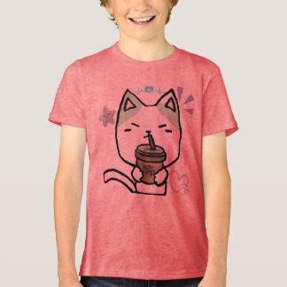 Cawaii Funny cat with coffee Cute Cat anime style Tri-Blend Shirt