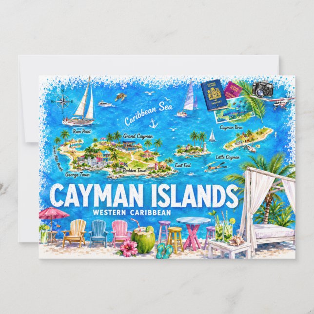Cayman Islands Illustrated Travel Map Postcard (Front)