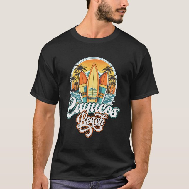 Cayucos Three Surfboard And Palm Tree Circle T-Shirt (Front)