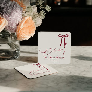 CECILIA Burgundy Bow Square Paper Coaster