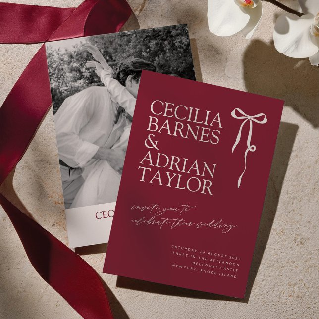 CECILIA Burgundy Wedding Invitation with Bow (Creator Uploaded)