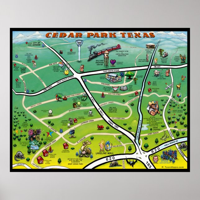 Cedar Park Texas Cartoon Map Poster (Front)