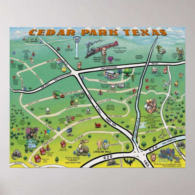 Cedar Park Texas Cartoon Map Poster (Front)