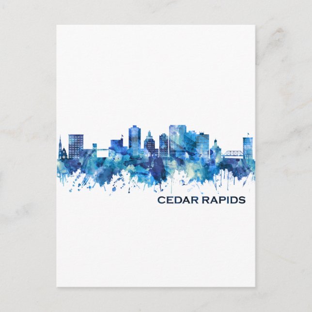 Cedar Rapids Iowa Skyline Blue Holiday Postcard (Front)
