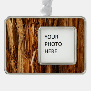 Cedar Textured Wooden Bark Look Silver Plated Framed Ornament