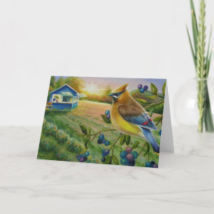 Cedar Waxwing Bird Blueberry Farm Watercolor Art Card