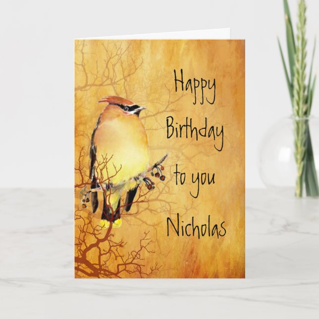Cedar Waxwing Bird Custom Name Birthday Card (Front)