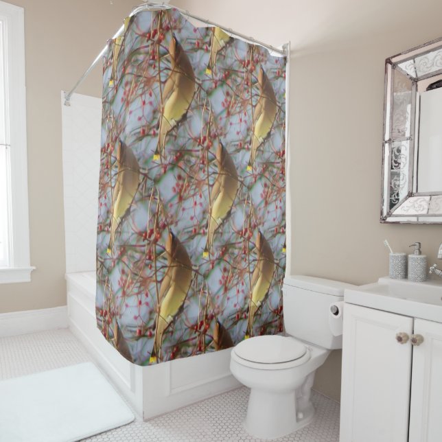 Cedar Waxwing Bird Nature Pattern  Shower Curtain (In Situ)