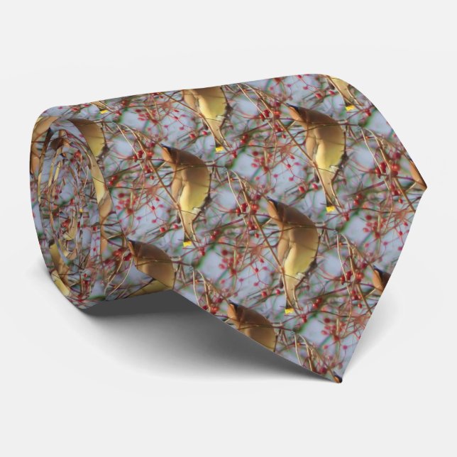 Cedar Waxwing Bird Nature Pattern Tie (Rolled)