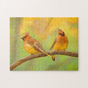 Cedar Waxwing Painting - Cute Original Dog Art Jigsaw Puzzle
