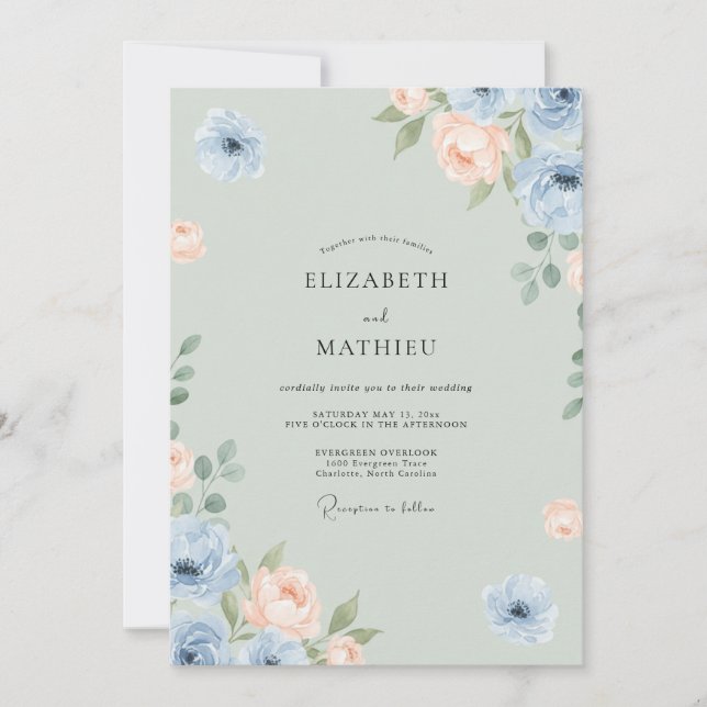 Celadon Apricot Peony Wedding Invitation (Front)