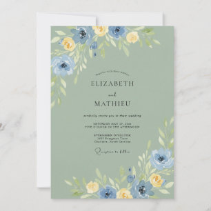 Celadon Azure Ranunculus Dusty Eucalyptus Wedding Invitation