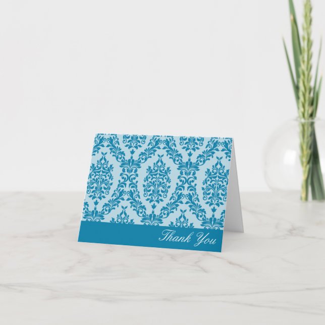 Celadon Blue Damask Thank You Card (Front)