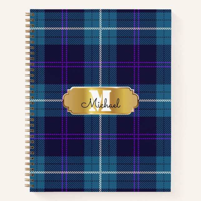 Celadon Blue Plaid Tartan Golden Monogrammed Notebook (Front)