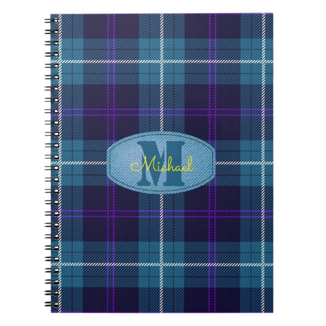 Celadon Blue Plaid Tartan Jeans Monogram Script Notebook (Front)