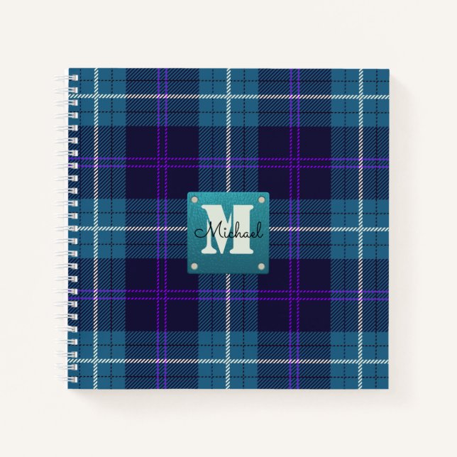 Celadon Blue Plaid Tartan Leather Monogrammed Notebook (Front)