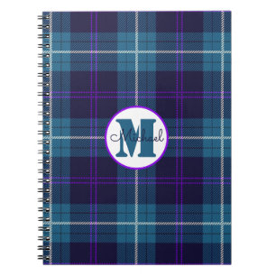 Celadon Blue Plaid Tartan Monogram Script Name Notebook