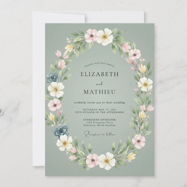 Celadon Blush Wreath Wedding Invitation (Front)