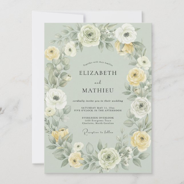 Celadon Buttery Ranunculus Eucalyptus Wedding Invitation (Front)