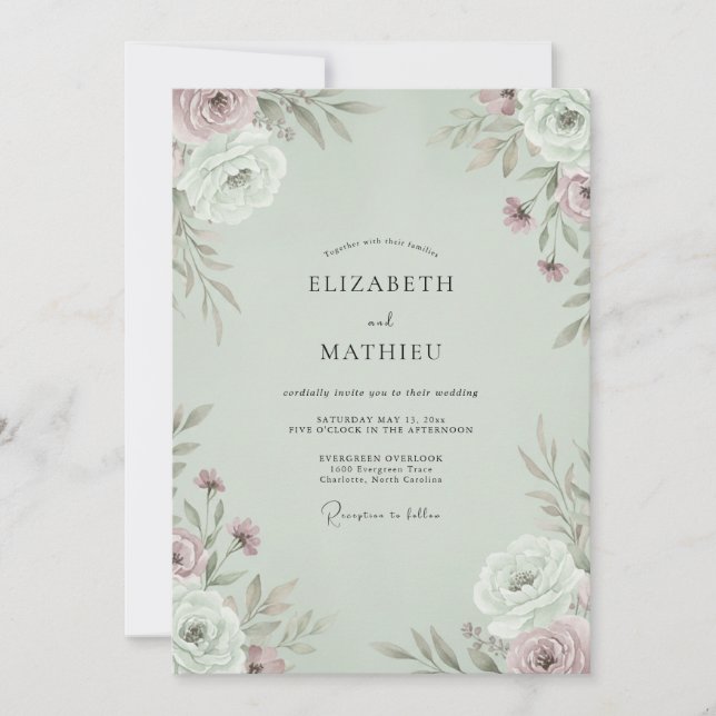 Celadon Dusty Pink Wildflower Wedding Invitation (Front)