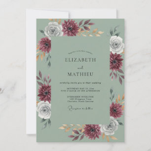 Celadon Maroon Dahlia Wedding Invitation