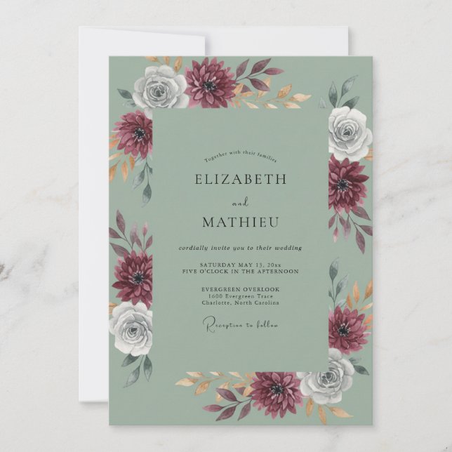 Celadon Maroon Dahlia Wedding Invitation (Front)