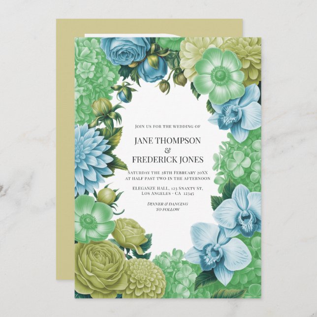Celadon Mist, Soft Fern & Porcelain Blue Wedding Invitation (Front/Back)