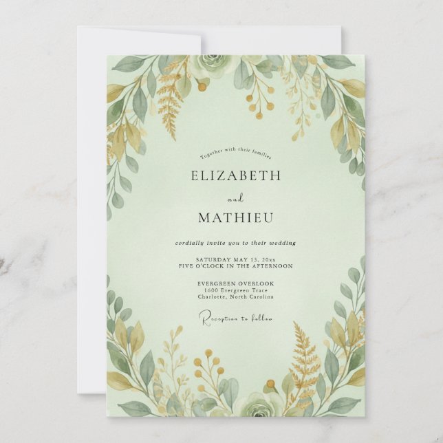 Celadon Ochre Foliage Eucalyptus Wedding Invitation (Front)