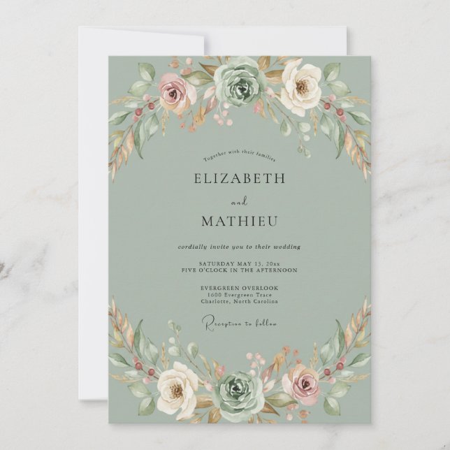 Celadon Peach Peony Wedding Invitation (Front)