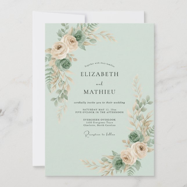 Celadon Peach Ranunculus Eucalyptus Wedding Invitation (Front)