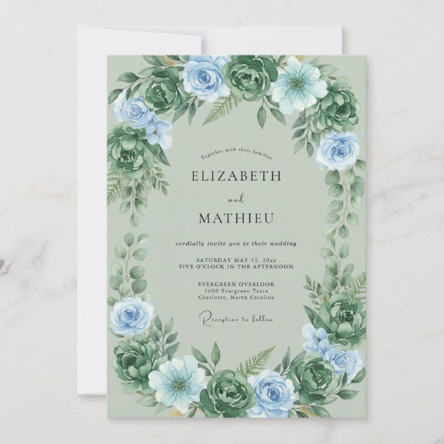 Celadon Periwinkle Leafy Wedding Invitation (Front)