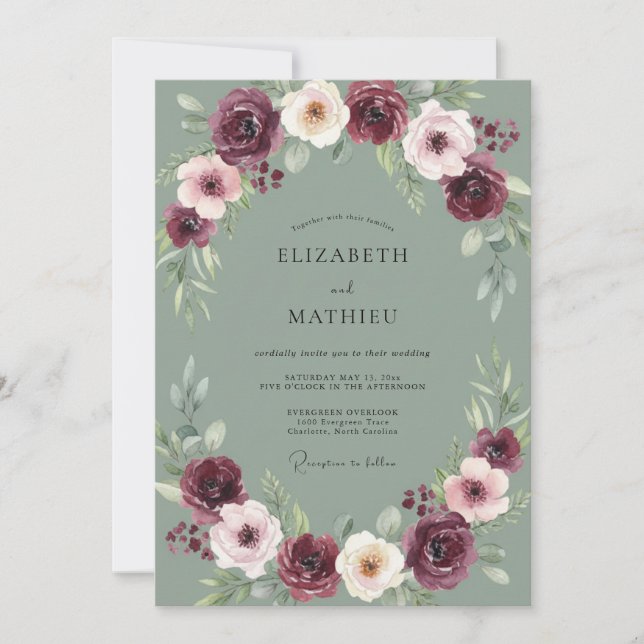 Celadon Plum Peony Wedding Invitation (Front)
