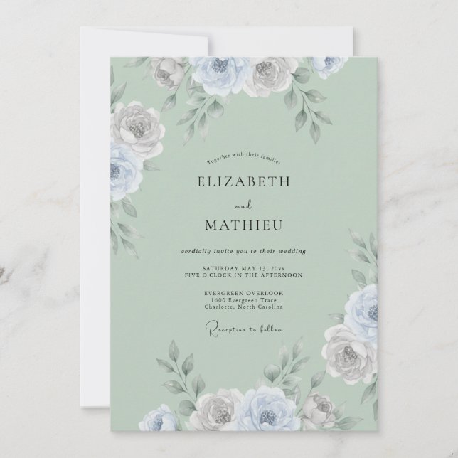 Celadon Silver Ranunculus Eucalyptus Wedding Invitation (Front)